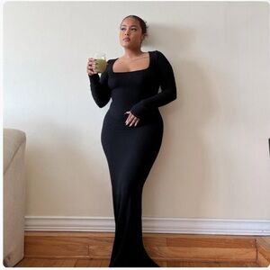 Skims Women's 3X Maxi Dress Soft Lounge Rib Knit Long Sleeve Square Neck Black